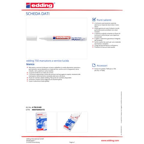 Marcatore a vernice edding 750 punta conica 2-4 mm bianco E-750 049